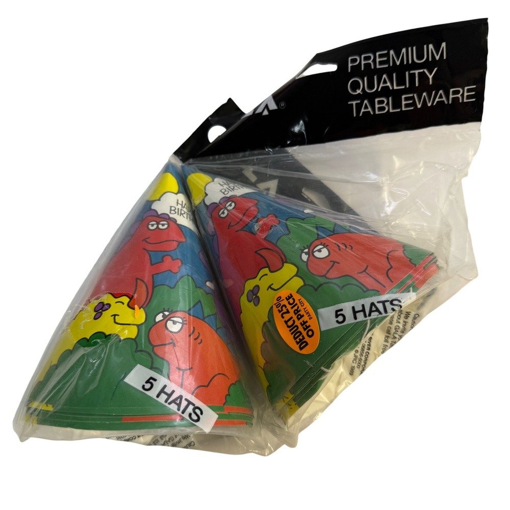 New Vintage 1989 80s ColorBlock Birthday Dinosaur Party Cone Hats 10 ct cartoon